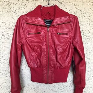 Red fitted vegan leather jacket